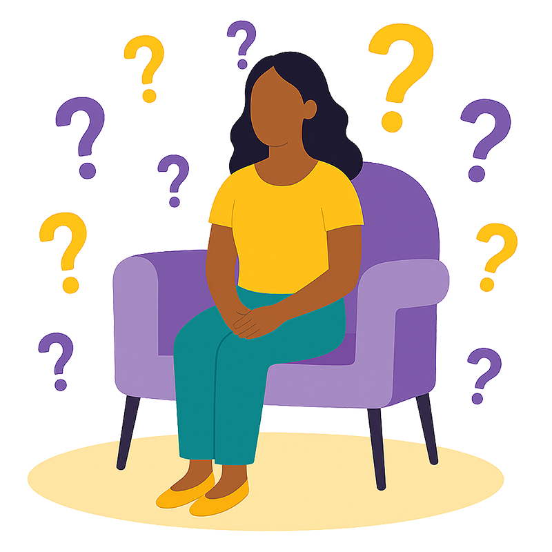 Woman with question marks around her