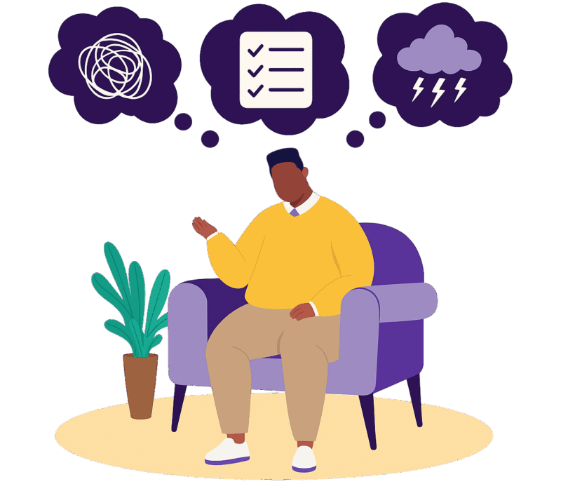 therapy_anxiety_miami2 Black man with thought bubbles representing anxiety