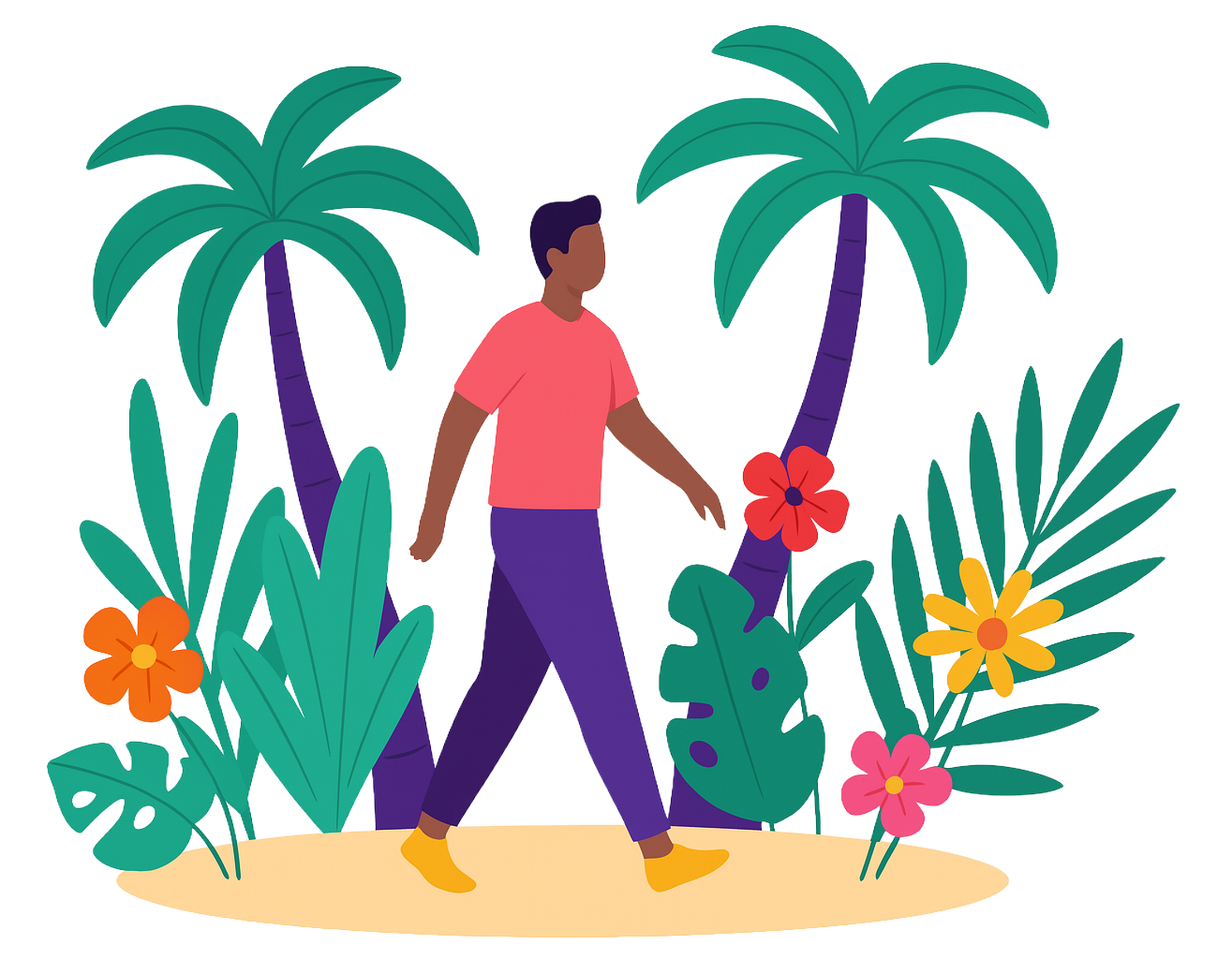 Person walking through tropical trees and