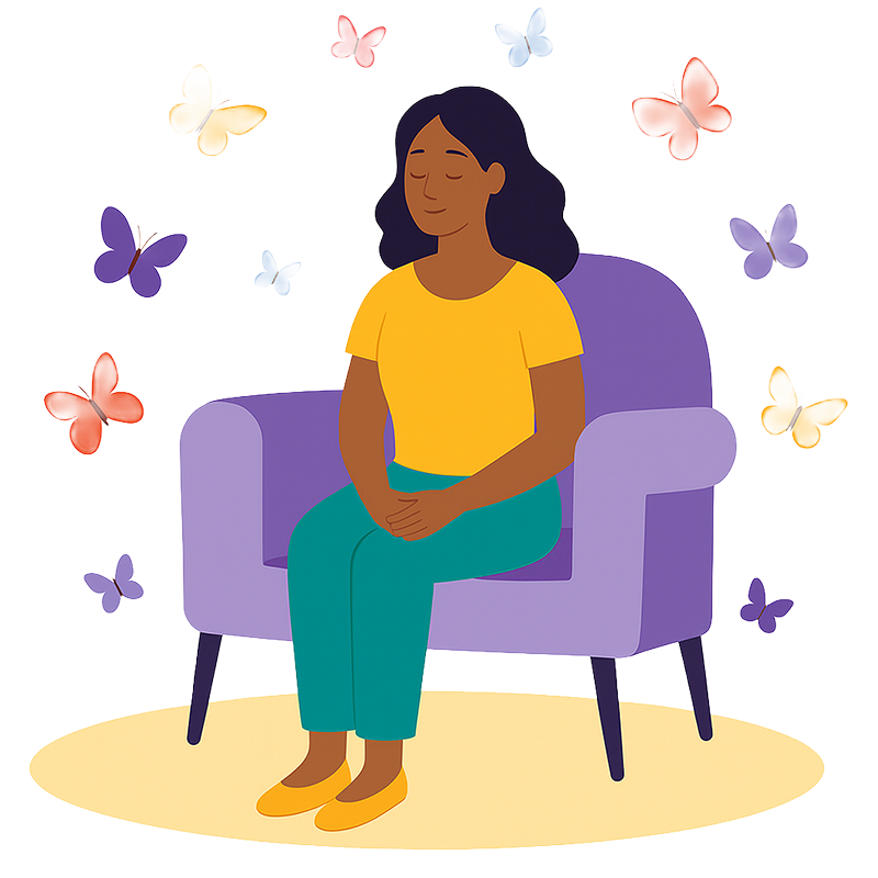 Therapy for life transitions, woman sitting on a chair surrounded by butterflies