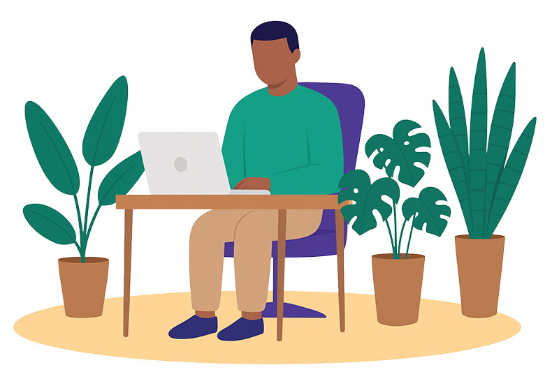 Black man sitting at a desk with a laptop needing therapy for work and career