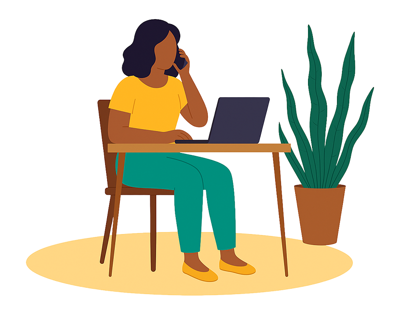 Woman at a desk with a computer and phone